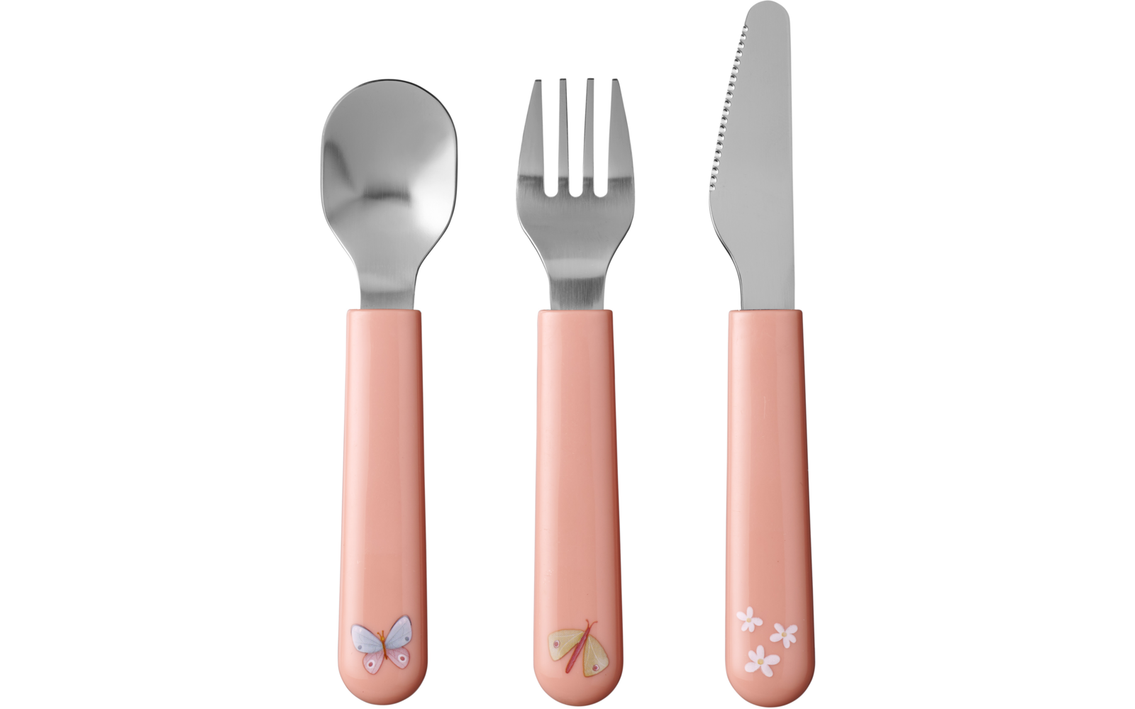 Löffel, Gabel und Messer mit rosa Griffen und kleinen Tiermotiven