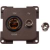 Piastra di montaggio quadrata marrone con quattro fori per viti; a sinistra una presa rotonda con contatto interno arancione etichettata '12V' e '120W' sotto, una presa coassiale TV etichettata 'TV' accanto e un dado coassiale esagonale staccato a destra