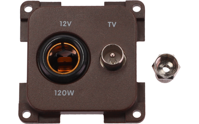 Piastra di montaggio quadrata marrone con quattro fori per viti; a sinistra una presa rotonda con contatto interno arancione etichettata '12V' e '120W' sotto, una presa coassiale TV etichettata 'TV' accanto e un dado coassiale esagonale staccato a destra