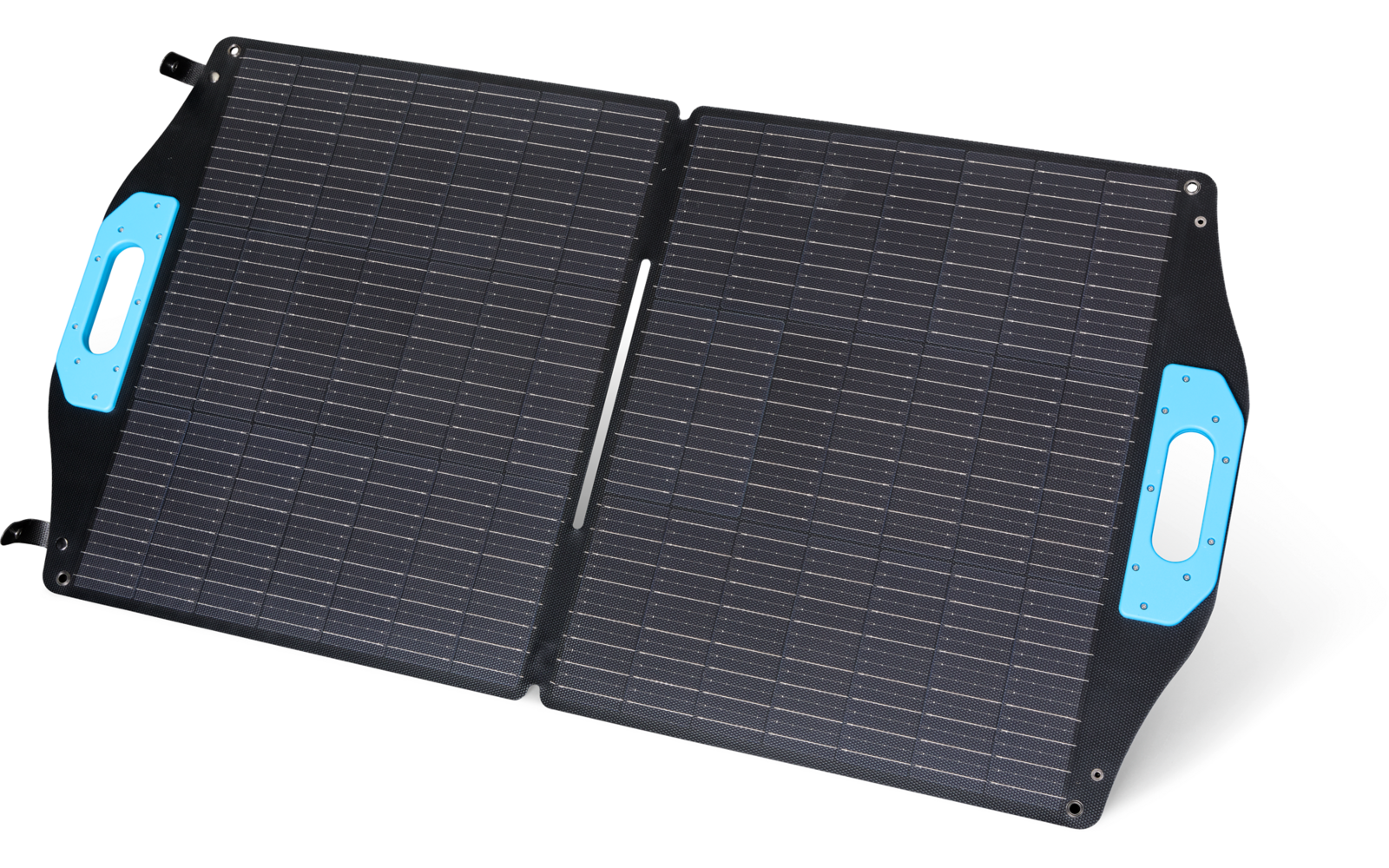 Zwei zusammenklappbare Solarpaneele mit dunklen Solarzellen und blauen Griffen auf weißem Hintergrund