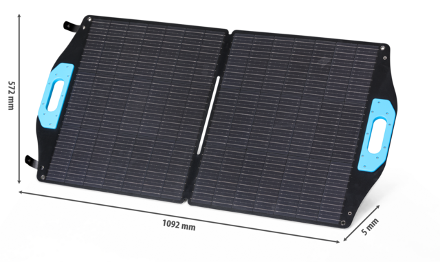 Zwei nebeneinander liegende rechteckige schwarze Solarmodule mit sichtbarer Mittelfuge, blaue Griffe an den Außenseiten und Maßangaben '1092 mm', '572 mm' und '5 mm' auf weißem Hintergrund