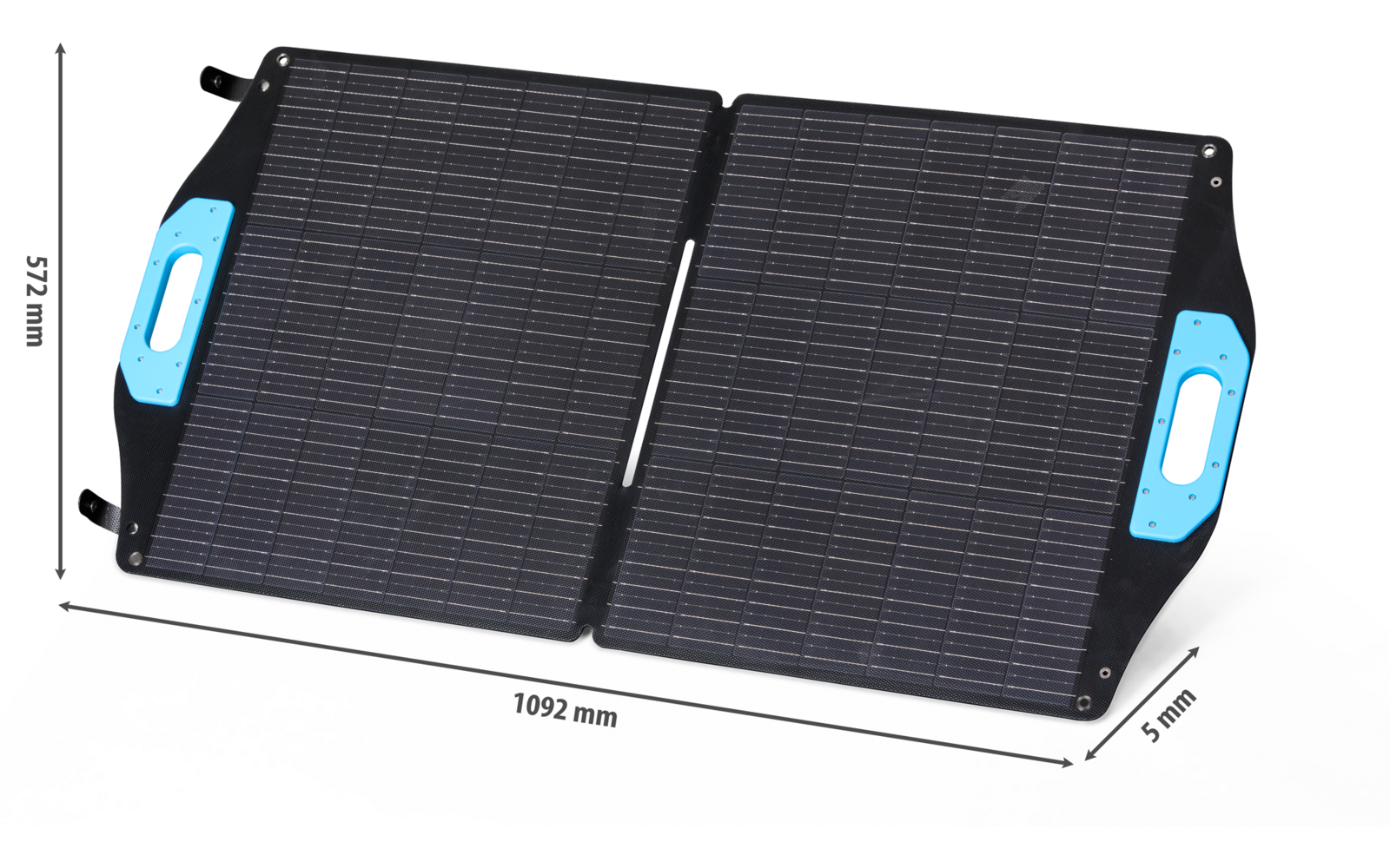 Zwei nebeneinander liegende rechteckige schwarze Solarmodule mit sichtbarer Mittelfuge, blaue Griffe an den Außenseiten und Maßangaben '1092 mm', '572 mm' und '5 mm' auf weißem Hintergrund