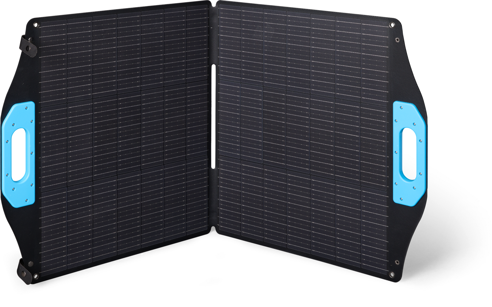 Zwei schwarze, aufgeklappte Solarpanel-Module mit rasterförmigen Zellen und blauen Tragegriffen an den Außenseiten, auf weißem Hintergrund