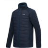 Dunkelblaue Jacke mit durchgehendem Reißverschluss, Stehkragen, gesteppter wattierter Vorderseite, melierten Strickärmeln, Reißverschluss-Brusttasche, zwei seitlichen Reißverschlusstaschen, kleinem Brustlogo