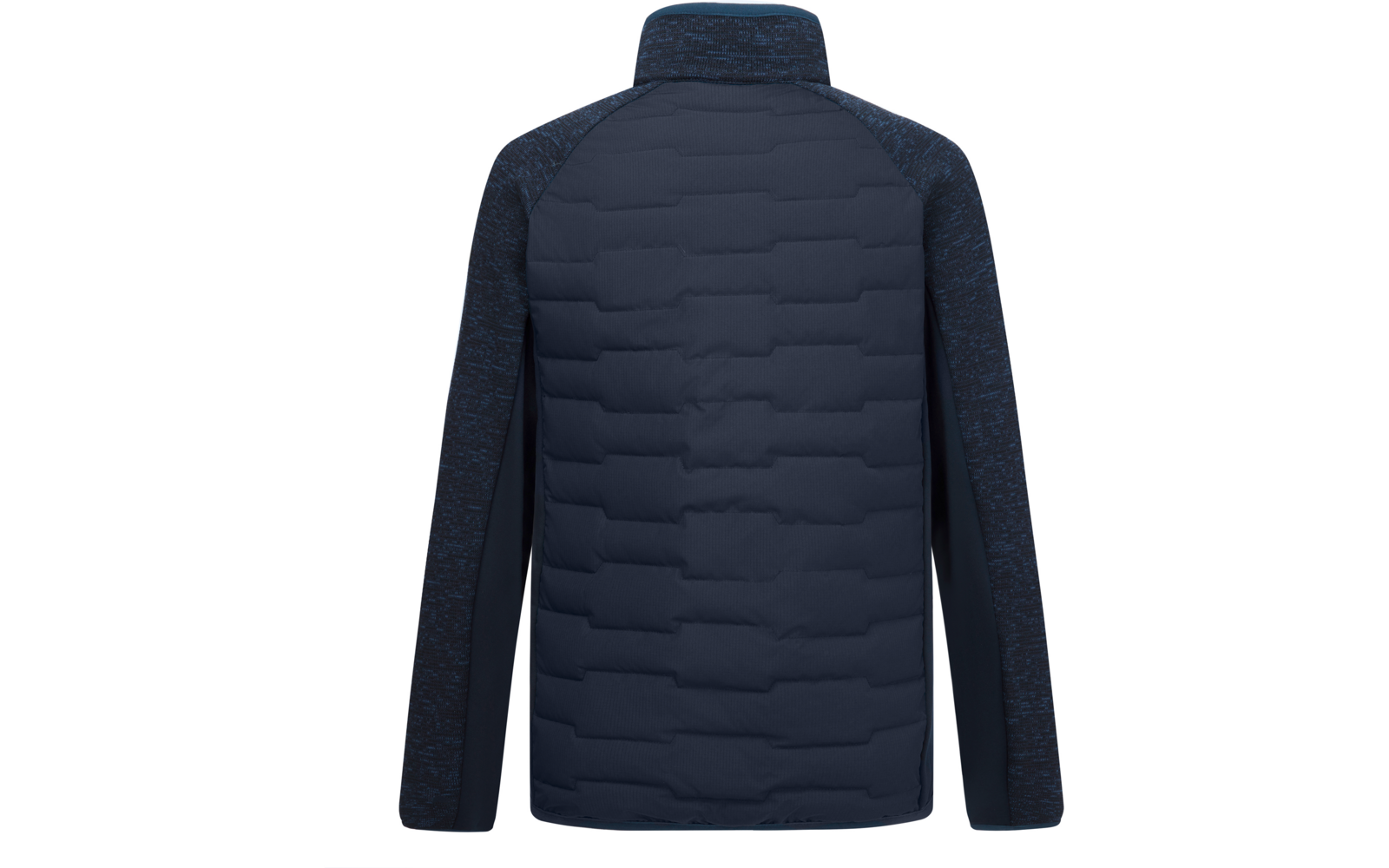 Dunkelblaue gesteppte Jacke, Rückansicht, Stehkragen und lange Ärmel mit gemusterter Struktur