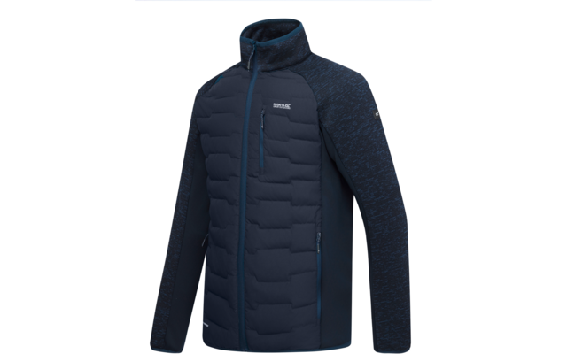 Dunkelblaue Jacke mit durchgehendem Reißverschluss, Stehkragen, gesteppter wattierter Vorderseite, melierten Strickärmeln, Reißverschluss-Brusttasche, zwei seitlichen Reißverschlusstaschen, kleinem Brustlogo