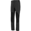 Zwarte lange broek met knoop in de taille, zichtbare naden, donkerdere verstevigde knieën, zijritszakken en klein label op de rechterdij
