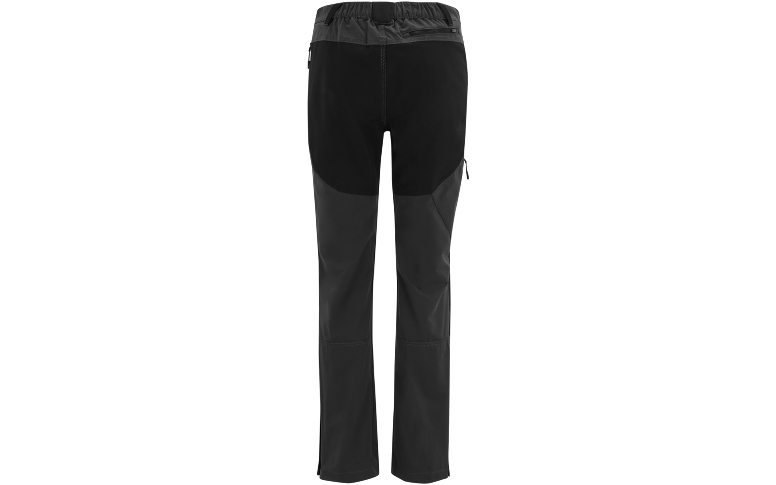 Zwarte lange broek met elastische tailleband, ritszak op één been en donkerdere verstevigde inzetten bij knieën en bovenbenen