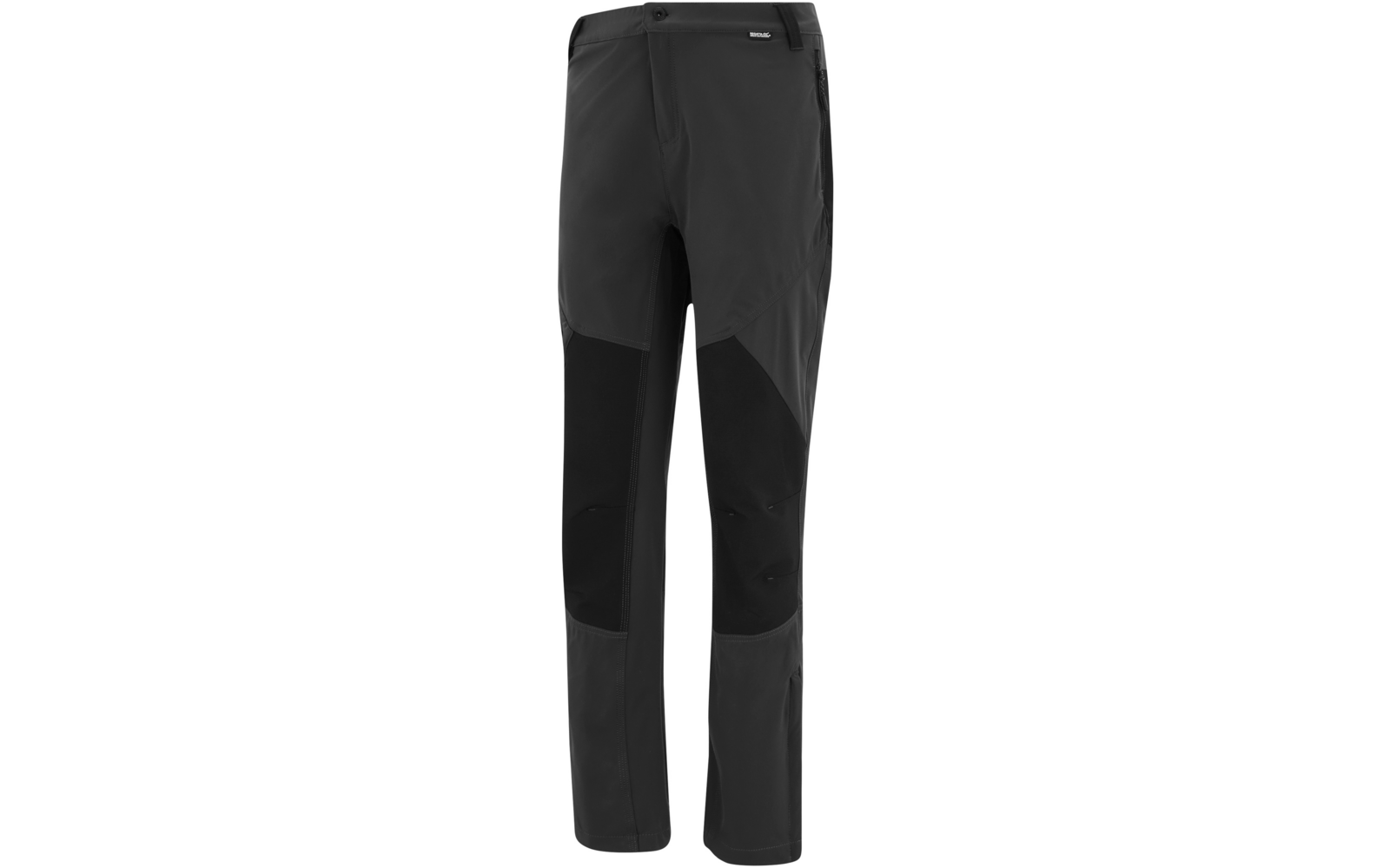 Zwarte lange broek met knoop in de taille, zichtbare naden, donkerdere verstevigde knieën, zijritszakken en klein label op de rechterdij