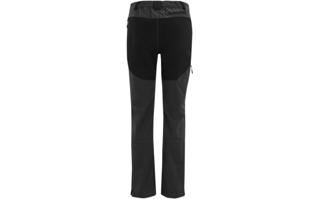 Zwarte lange broek met elastische tailleband, ritszak op één been en donkerdere verstevigde inzetten bij knieën en bovenbenen