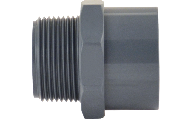 Graues Kunststoffteil mit Außengewinde links, sechskantigem Mittelteil und glatter zylindrischer Öffnung rechts