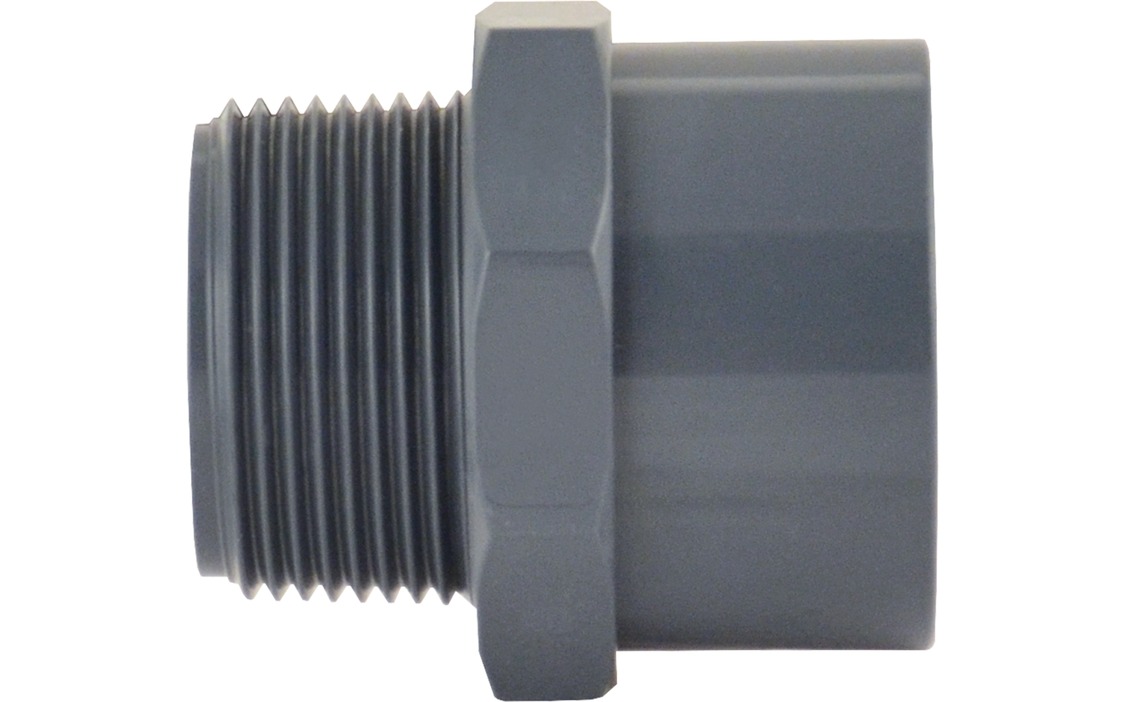 Graues Kunststoffteil mit Außengewinde links, sechskantigem Mittelteil und glatter zylindrischer Öffnung rechts