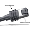Nahaufnahme eines schwarzen Kabels mit rechteckigem metallischem Stecker und mehreren ringförmigen Gummidichtungen; Pfeile mit den Beschriftungen Gummiringdichtung und Starlink v3 Connector sind sichtbar