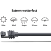 Schwarzes Kabel mit Stecker rechts, fünf Symbole oben (Sonne, Wind, Regen, Schnee, Blitz) mit den deutschen Beschriftungen 'Hitze', 'Wind', 'Regen', 'Schnee', 'Blitze' und der Überschrift 'Extrem wetterfest'