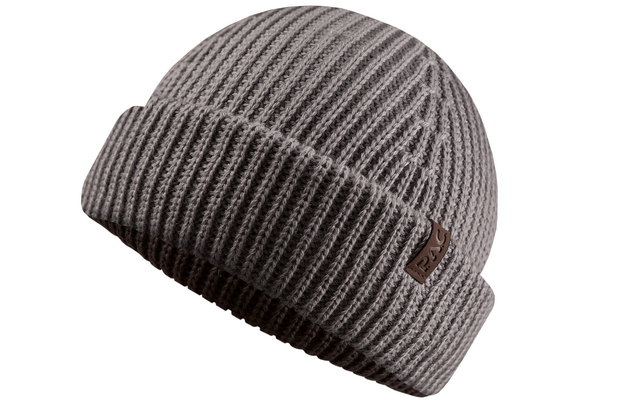 Gray marled knit beanie with cuff and small leather label