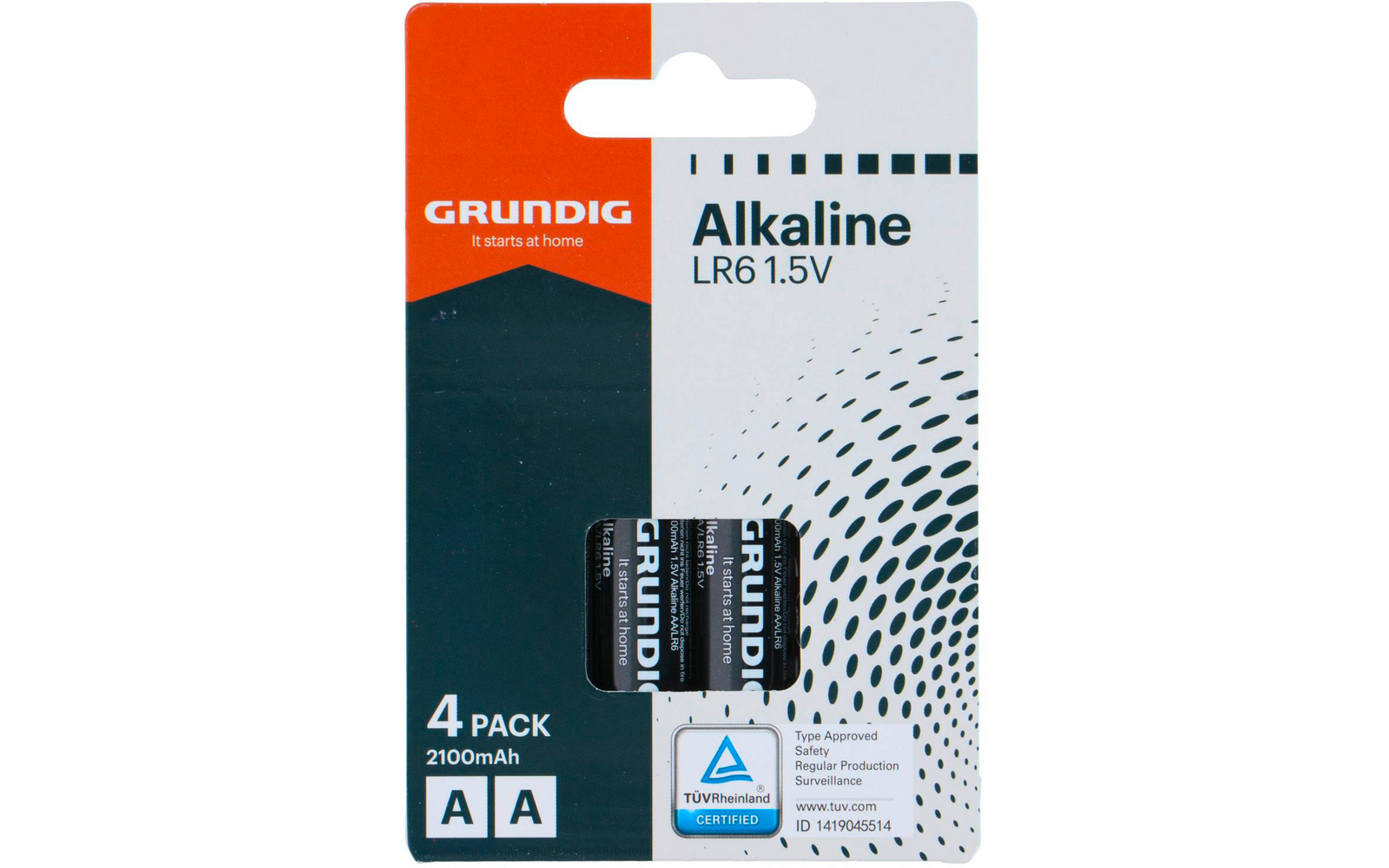 Vier Alkalibatterien der Marke Grundig in Verpackung, Größe AA, 1,5 Volt