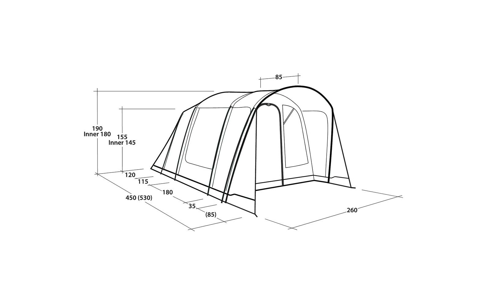 Technische lijntekening van een tunnelvormige tent met drie gebogen bogen, een vooropening en zijramen, met maatlijnen en cijfers