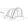 Technische lijntekening van een tunnelvormige tent met drie gebogen bogen, een vooropening en zijramen, met maatlijnen en cijfers