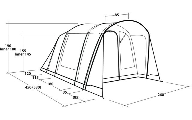 Technische lijntekening van een tunnelvormige tent met drie gebogen bogen, een vooropening en zijramen, met maatlijnen en cijfers