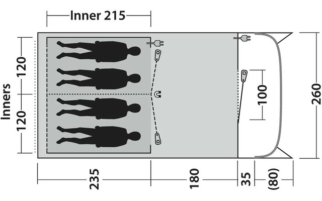 Rechthoekige schematische bovenaanzicht met vier zwarte liggende menssilhouetten links, een gedeeld vlak, meerdere maatpijlen en cijfers (215, 120, 235, 180, 35, 80, 260, 100), kleine symbolen en een afgeronde vorm rechts