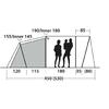 Zijaanzicht van een tent met drie compartimenten; in het midden twee zwarte persoonssilhouetten, één draagt een kind; aangegeven afmetingen: 120, 115, 180, 450 (530), 190/Inner 180, 155/Inner 145, 85, 35 (80)