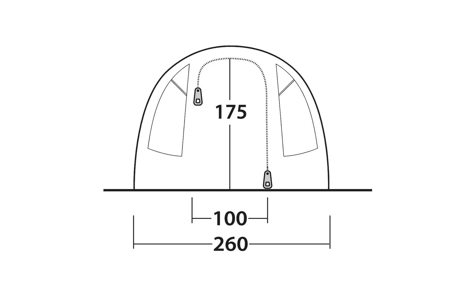 Zwart-wit schematisch vooraanzicht met gebogen buitenomtrek, twee driehoekige zijopeningen, een centrale verticale lijn met het nummer "175", twee gestippelde lijnen met ritsymbolen en een basislijn met de maten "100" en "260"