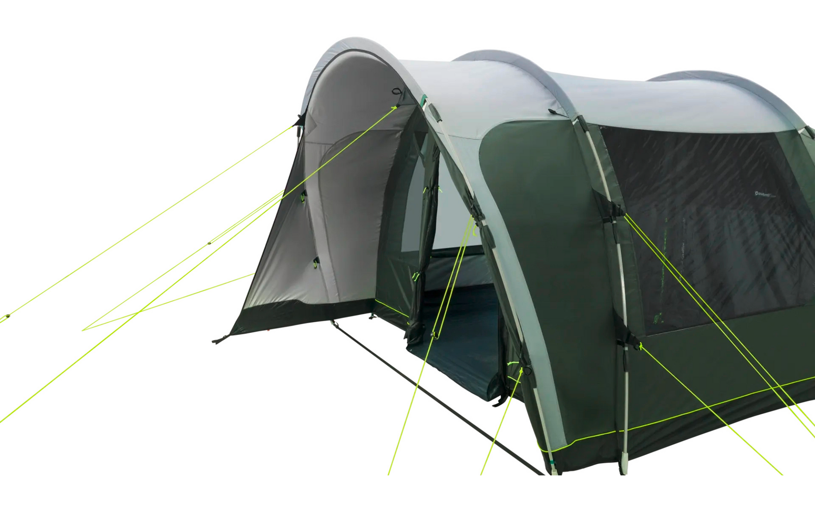 Groen-grijs tunneltent met open vooringang, zichtbare blauwe grondzeil, zijraam met muskietennet, gebogen stokken en neongele scheerlijnen op witte achtergrond