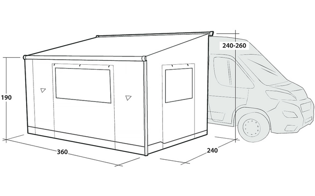Schwarz-weiße technische Zeichnung: vorderes Fahrzeugteil rechts (Van) und ein an der Fahrzeugseite befestigter rechteckiger Aufbau mit großem Frontfenster und kleinerem Seitenfenster; Maße in Zentimetern: 360, 240, 190, 240–260