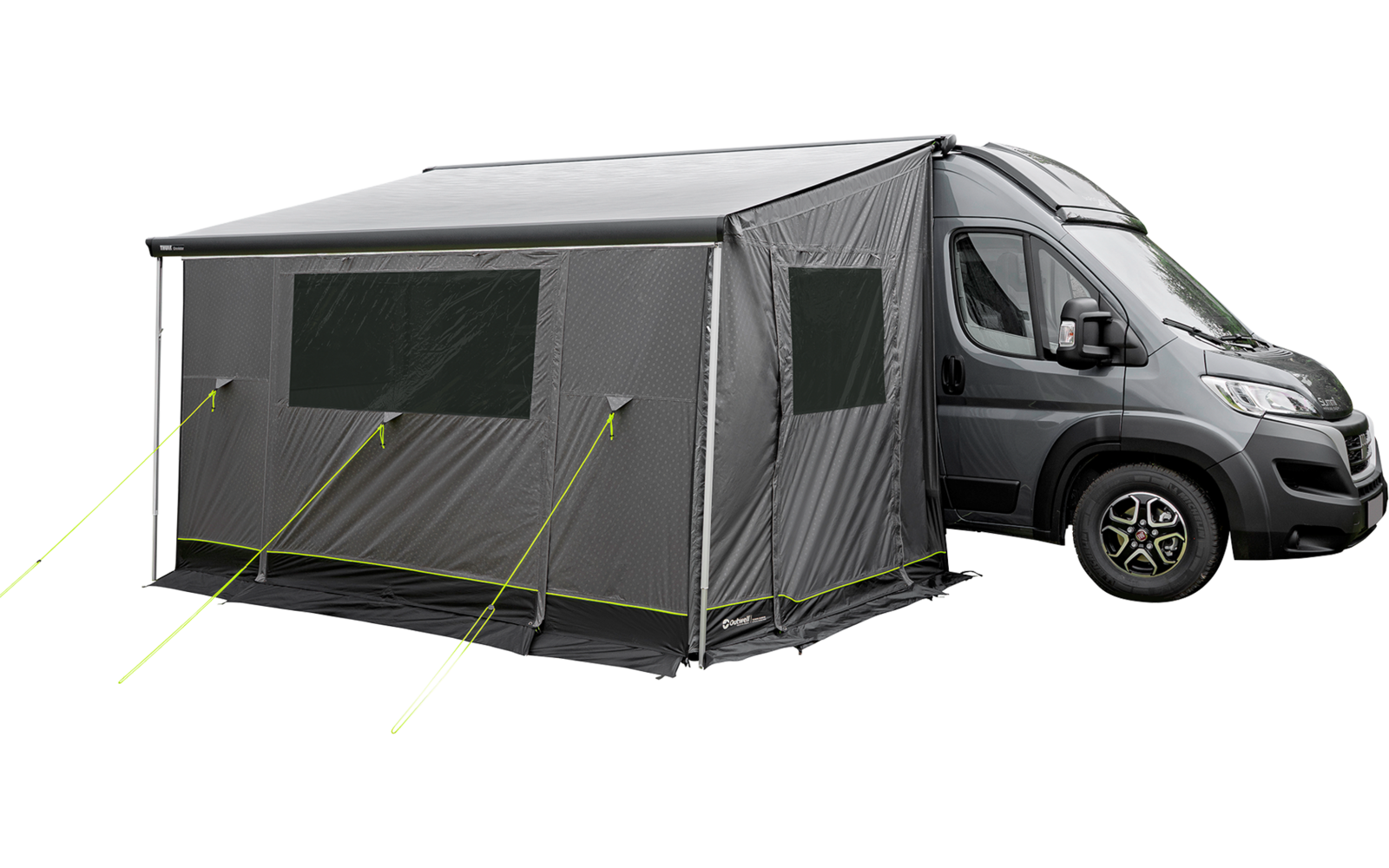 Graues Wohnmobil mit seitlich angebrachtem grauen Vorzelt, zwei rechteckigen Fensteröffnungen im Vorzelt, Stützstangen, Abspannleinen mit Bodenheringen und mehreren grünen Pfeilen, auf weißem Hintergrund