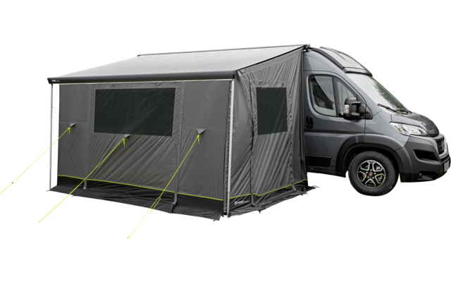 Graues Wohnmobil mit seitlich angebrachtem grauen Vorzelt, zwei rechteckigen Fensteröffnungen im Vorzelt, Stützstangen, Abspannleinen mit Bodenheringen und mehreren grünen Pfeilen, auf weißem Hintergrund