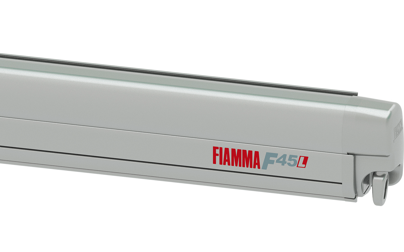 Geschlossene graue Markise mit rotem Fiamma-Logo