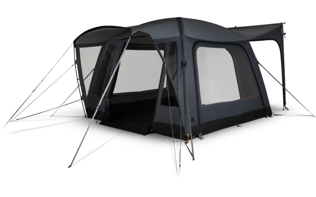 Tienda grande de color gris oscuro con entrada abierta, amplias ventanas laterales, toldo y varias cuerdas de sujeción y postes