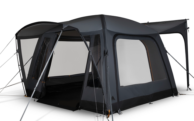 Großes dunkelgraues Zelt mit geöffnetem Eingang, großen Seitenfenstern, Vordach, abgespannten Abspannleinen und Stangen
