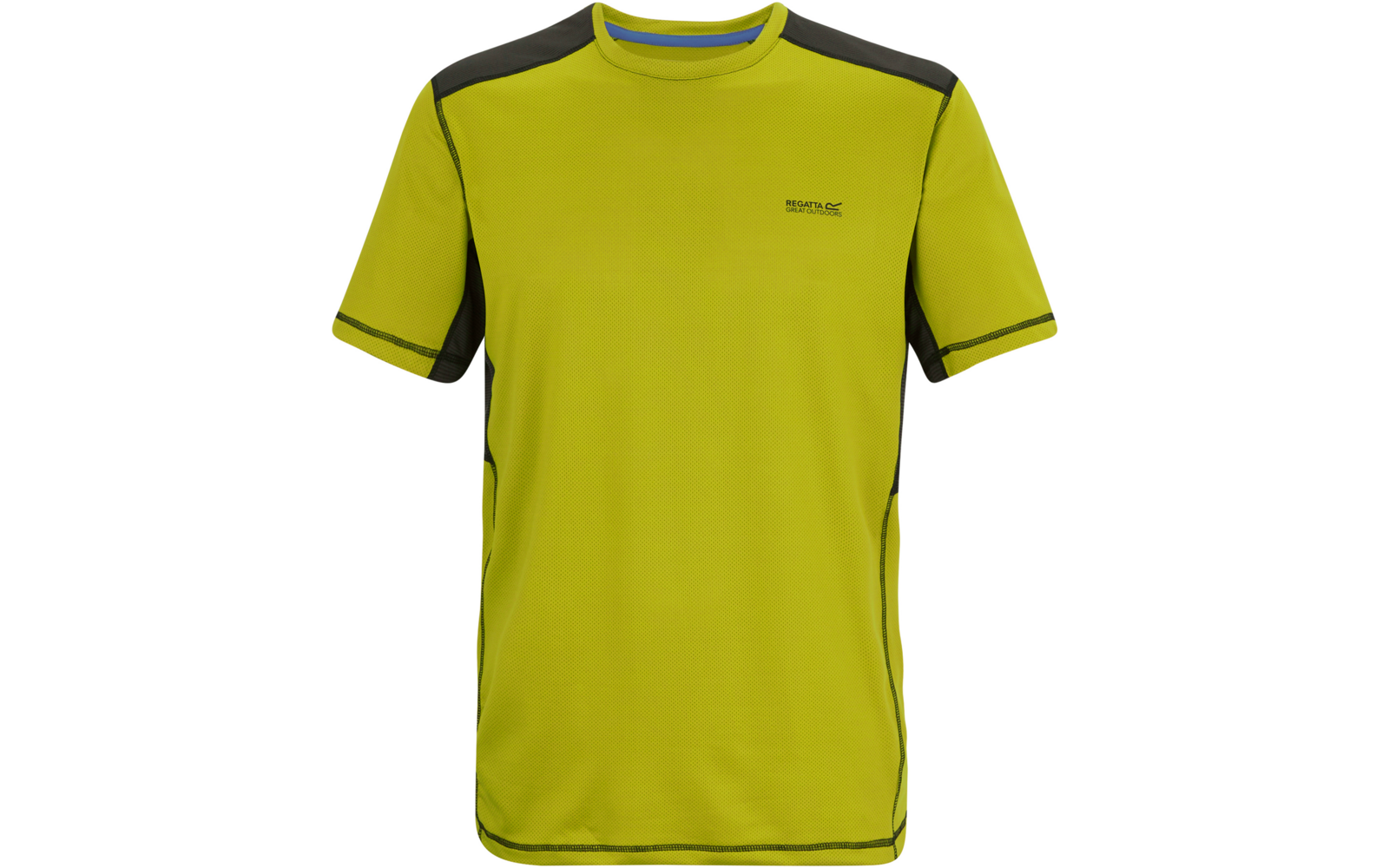 Vorderansicht eines hellgrünen Sport-T-Shirts mit kurzen Ärmeln, dunkelgrauen Schulter- und Seiteneinsätzen und kleinem Logo auf der linken Brust