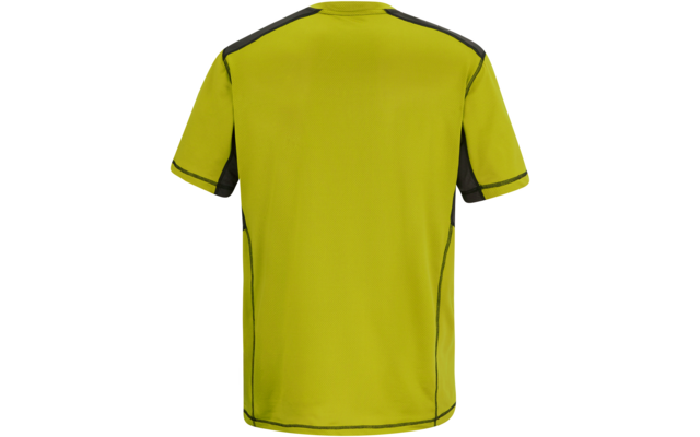 Rückansicht eines gelbgrünen kurzärmeligen Sportshirts mit schwarzen Einsätzen an Schultern, Seiten und Ärmelsäumen