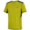 Gelb-grünes kurzärmliges T-Shirt mit Rundhals, dunklen Einsätzen an Schultern und Seiten und kleinem Logo auf der linken Brust
