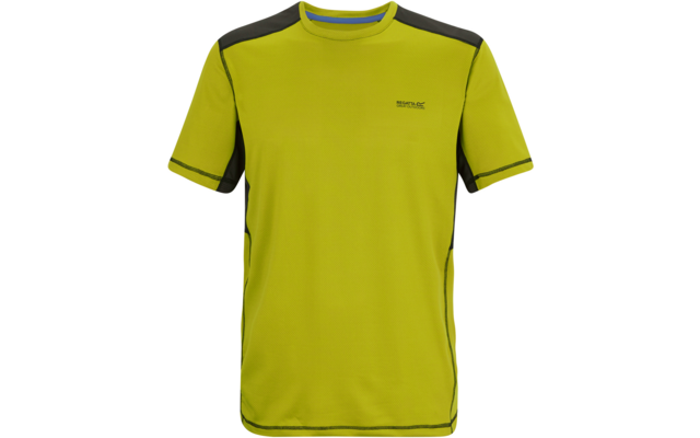 Vorderansicht eines hellgrünen Sport-T-Shirts mit kurzen Ärmeln, dunkelgrauen Schulter- und Seiteneinsätzen und kleinem Logo auf der linken Brust