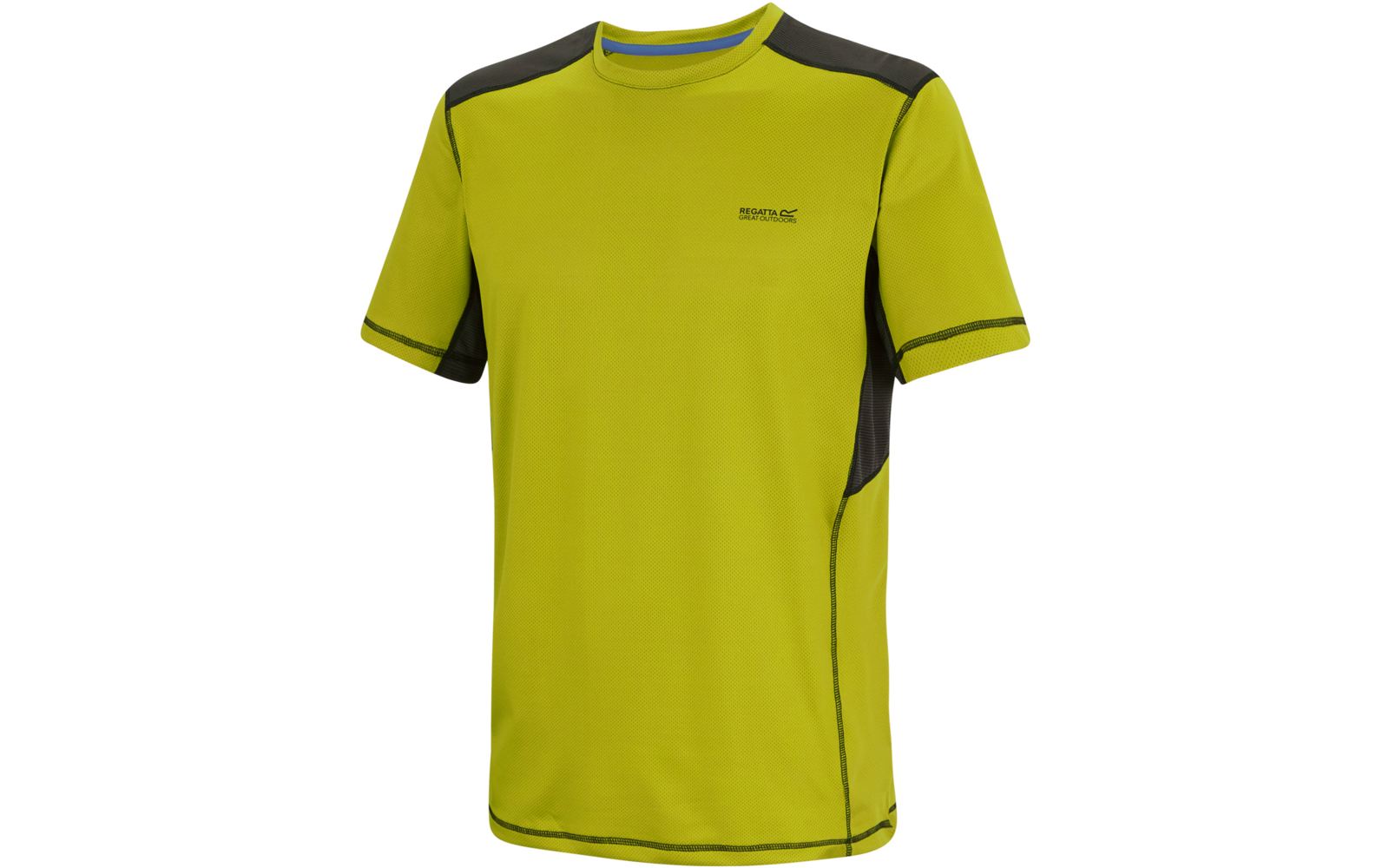 Gelb-grünes kurzärmliges T-Shirt mit Rundhals, dunklen Einsätzen an Schultern und Seiten und kleinem Logo auf der linken Brust