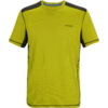 Vorderansicht eines hellgrünen Sport-T-Shirts mit kurzen Ärmeln, dunkelgrauen Schulter- und Seiteneinsätzen und kleinem Logo auf der linken Brust
