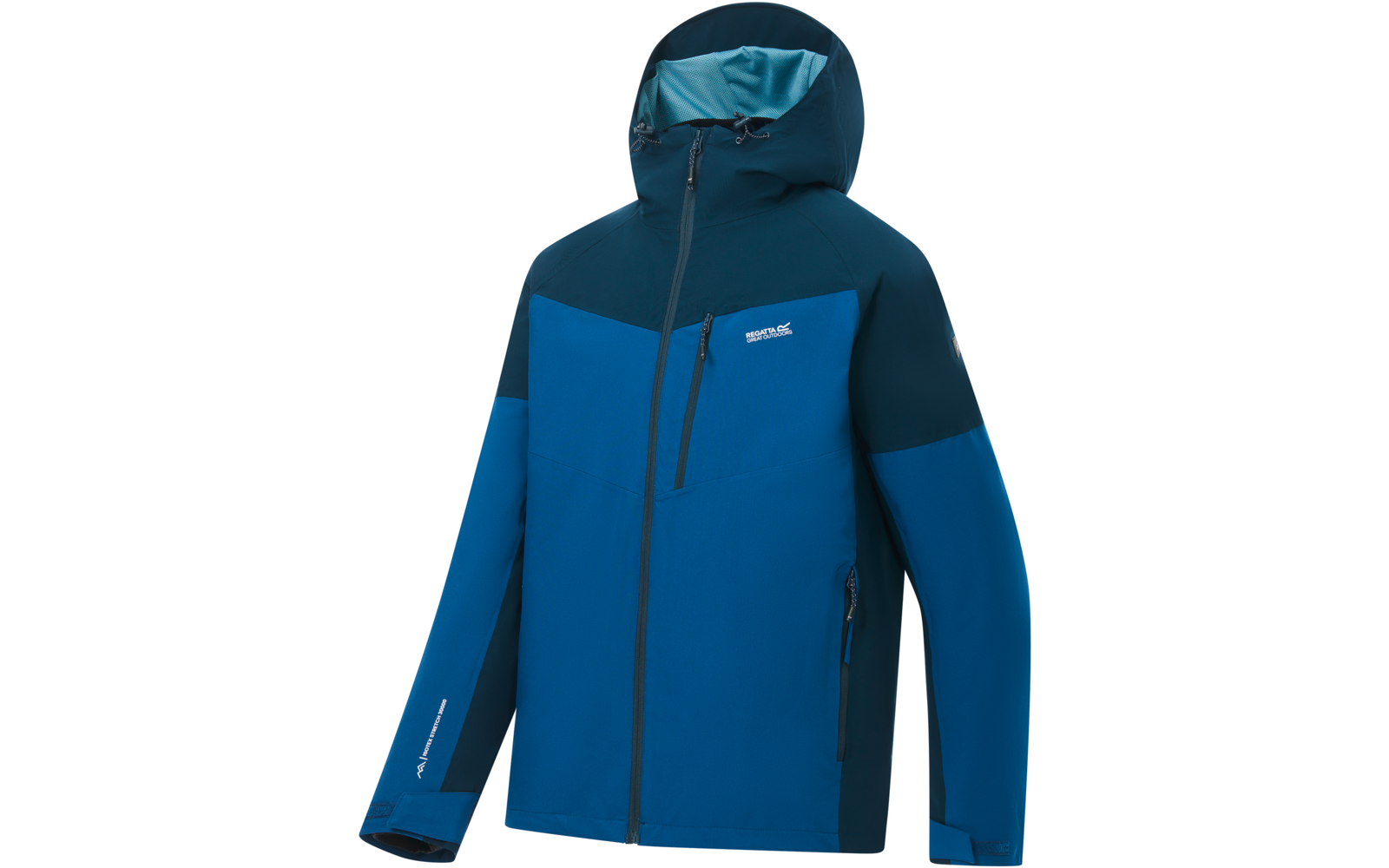 Blaue Kapuzenjacke mit dunkleren Einsätzen, durchgehendem Reißverschluss, schräger Brusttasche links mit Reißverschluss, seitlichen Reißverschlusstaschen und kleinem weißem Logo auf der linken Brust