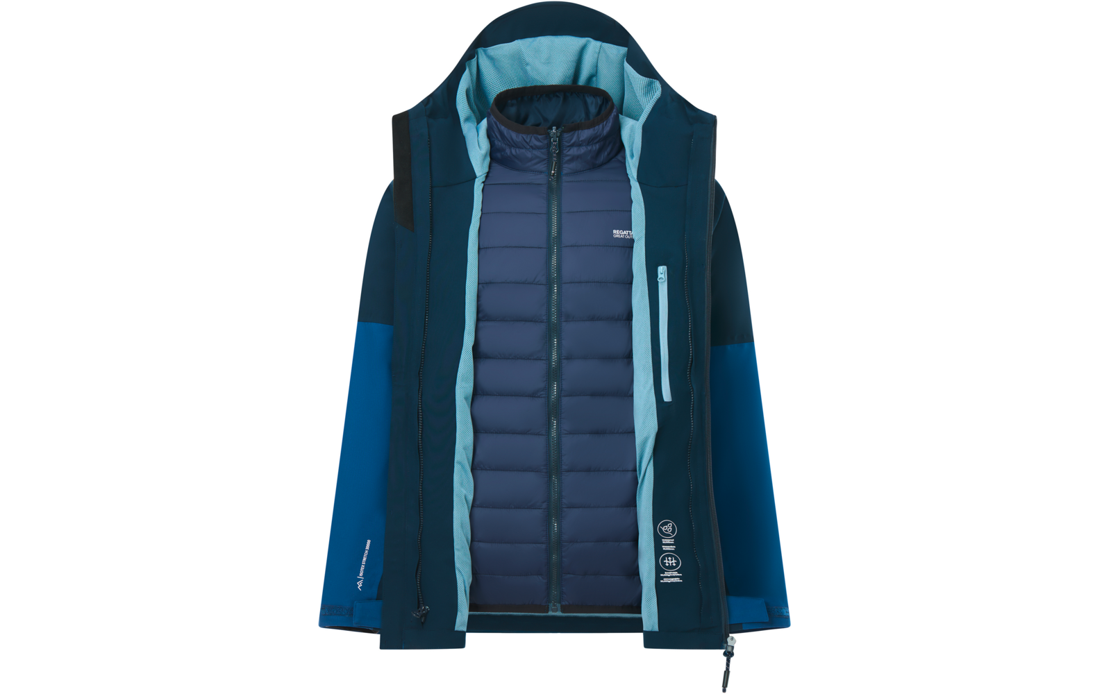Blaue zweilagige Jacke mit gesteppter Innenjacke, äußerer Kapuzenjacke, sichtbaren Reißverschlüssen und Brusttasche