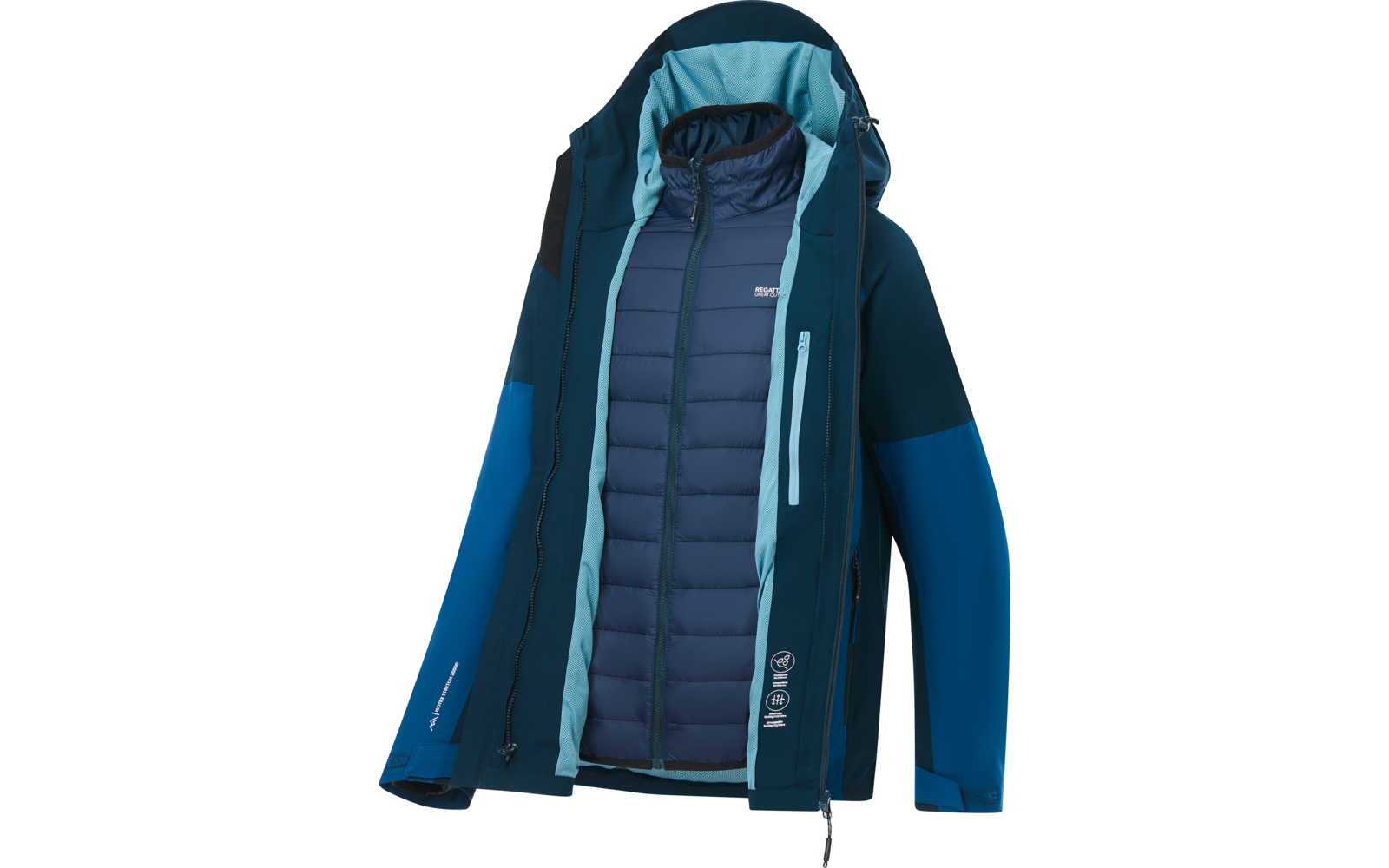 Offene dunkel- und hellblaue Jacke mit Kapuze; innen sichtbare dunkelblaue gesteppte Innenjacke, mehrere Reißverschlüsse und hellblaue Reißverschlussblenden