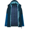 Blaue zweilagige Jacke mit gesteppter Innenjacke, äußerer Kapuzenjacke, sichtbaren Reißverschlüssen und Brusttasche