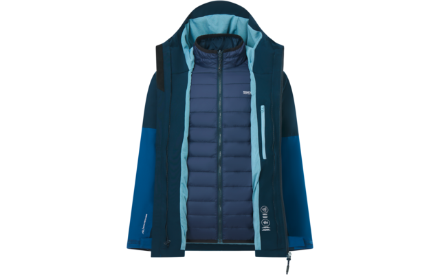 Blaue zweilagige Jacke mit gesteppter Innenjacke, äußerer Kapuzenjacke, sichtbaren Reißverschlüssen und Brusttasche