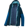 Offene dunkel- und hellblaue Jacke mit Kapuze; innen sichtbare dunkelblaue gesteppte Innenjacke, mehrere Reißverschlüsse und hellblaue Reißverschlussblenden