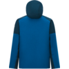Rückansicht einer blauen Kapuzenjacke mit dunkleren Schulter- und Ärmelsegmenten