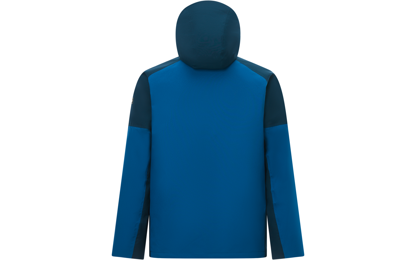 Rückansicht einer blauen Kapuzenjacke mit dunkleren Schulter- und Ärmelsegmenten