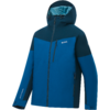Blaue Kapuzenjacke mit dunkleren Einsätzen, durchgehendem Reißverschluss, schräger Brusttasche links mit Reißverschluss, seitlichen Reißverschlusstaschen und kleinem weißem Logo auf der linken Brust