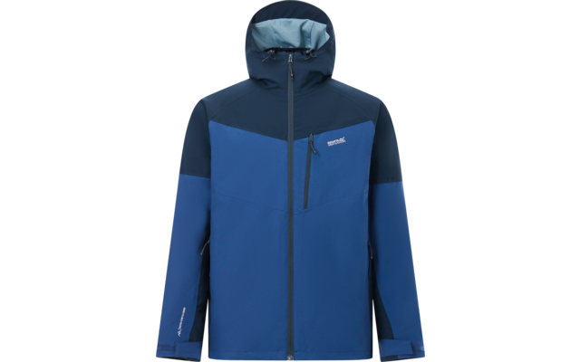 Zweifarbige blaue Jacke mit Kapuze, durchgehendem Reißverschluss, vertikaler Brusttasche, seitlichen Reißverschlusstaschen, weißem Markenlogo auf der Brust, sichtbaren Kordeln an der Kapuze und Klettverschlüssen an den Ärmelenden