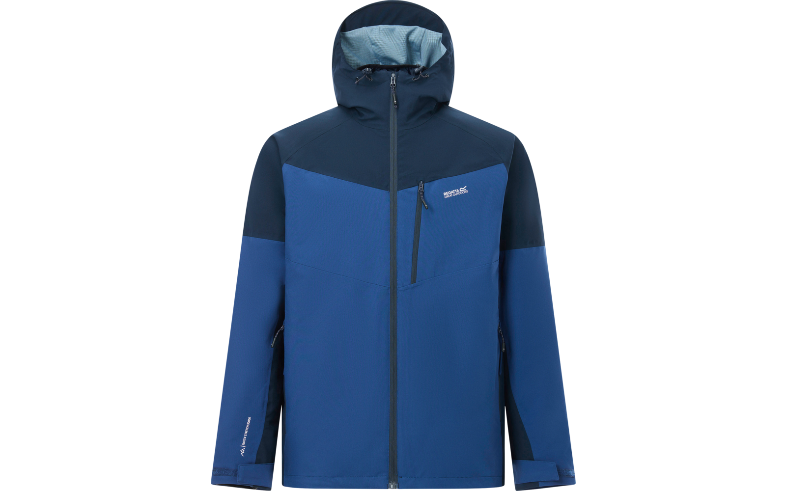 Zweifarbige blaue Jacke mit Kapuze, durchgehendem Reißverschluss, vertikaler Brusttasche, seitlichen Reißverschlusstaschen, weißem Markenlogo auf der Brust, sichtbaren Kordeln an der Kapuze und Klettverschlüssen an den Ärmelenden